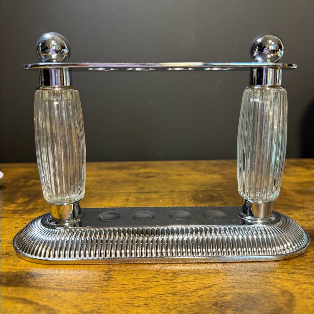 Toothbrush Holder. Silvertone and glass.